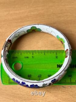 Vintage Chinese Cloisonné Enamel Hinged Bangle Bracelet White Blue Green Floral