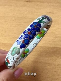 Vintage Chinese Cloisonné Enamel Hinged Bangle Bracelet White Blue Green Floral