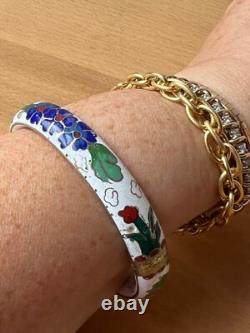 Vintage Chinese Cloisonné Enamel Hinged Bangle Bracelet White Blue Green Floral
