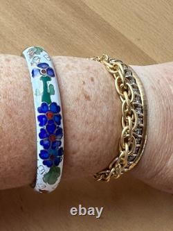 Vintage Chinese Cloisonné Enamel Hinged Bangle Bracelet White Blue Green Floral