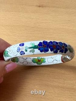 Vintage Chinese Cloisonné Enamel Hinged Bangle Bracelet White Blue Green Floral