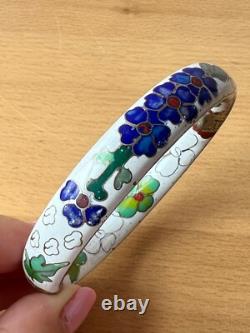 Vintage Chinese Cloisonné Enamel Hinged Bangle Bracelet White Blue Green Floral