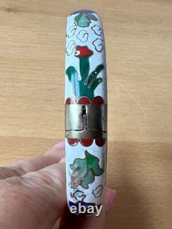 Vintage Chinese Cloisonné Enamel Hinged Bangle Bracelet White Blue Green Floral