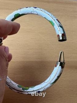 Vintage Chinese Cloisonné Enamel Hinged Bangle Bracelet White Blue Green Floral