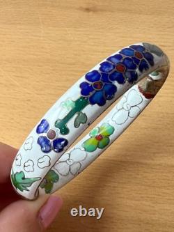 Vintage Chinese Cloisonné Enamel Hinged Bangle Bracelet White Blue Green Floral