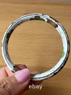 Vintage Chinese Cloisonné Enamel Hinged Bangle Bracelet White Blue Green Floral