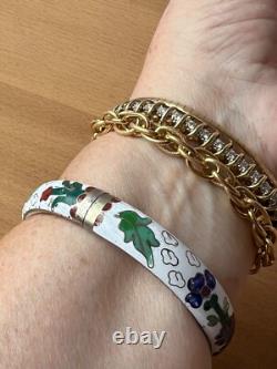 Vintage Chinese Cloisonné Enamel Hinged Bangle Bracelet White Blue Green Floral