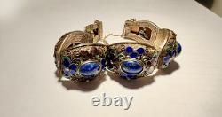 Vintage Chinese Deco Style Lapis Lazuli Enamel Gilt Silver Filigree 9 Bracelet