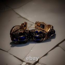 Vintage Chinese Deco Style Lapis Lazuli Enamel Gilt Silver Filigree 9 Bracelet
