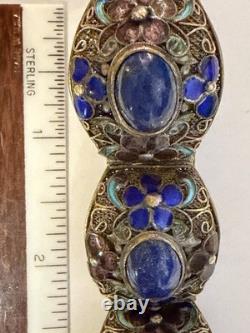 Vintage Chinese Deco Style Lapis Lazuli Enamel Gilt Silver Filigree 9 Bracelet