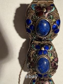 Vintage Chinese Deco Style Lapis Lazuli Enamel Gilt Silver Filigree 9 Bracelet
