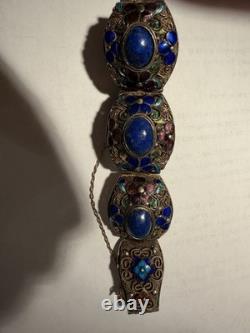 Vintage Chinese Deco Style Lapis Lazuli Enamel Gilt Silver Filigree 9 Bracelet