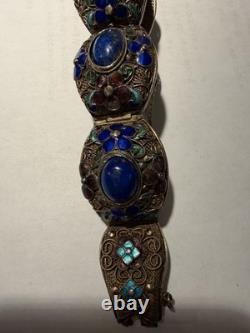 Vintage Chinese Deco Style Lapis Lazuli Enamel Gilt Silver Filigree 9 Bracelet