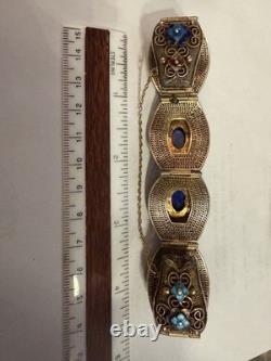 Vintage Chinese Deco Style Lapis Lazuli Enamel Gilt Silver Filigree 9 Bracelet