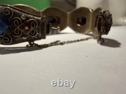 Vintage Chinese Deco Style Lapis Lazuli Enamel Gilt Silver Filigree 9 Bracelet