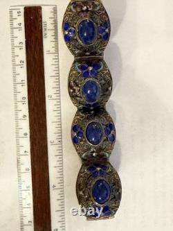 Vintage Chinese Deco Style Lapis Lazuli Enamel Gilt Silver Filigree 9 Bracelet