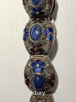 Vintage Chinese Deco Style Lapis Lazuli Enamel Gilt Silver Filigree 9 Bracelet