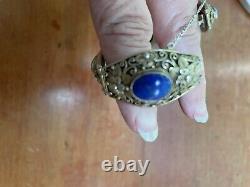 Vintage Chinese Deco Style Lapis Lazuli Enamel Gilt Silver Filigree Bracelet 7
