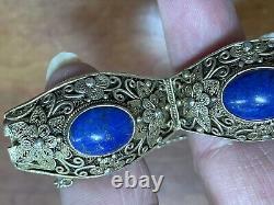 Vintage Chinese Deco Style Lapis Lazuli Enamel Gilt Silver Filigree Bracelet 7