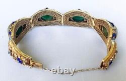 Vintage Chinese Export Gold Plated Silver Enamel Filigree Jade Bracelet 7