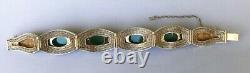 Vintage Chinese Export Gold Plated Silver Enamel Filigree Jade Bracelet 7