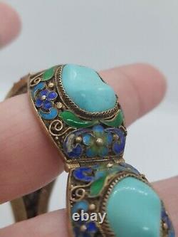 Vintage Chinese Export Silver Filigree Enamel Turquoise Link Bracelet