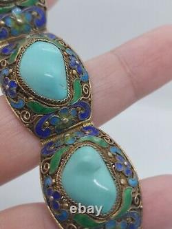 Vintage Chinese Export Silver Filigree Enamel Turquoise Link Bracelet
