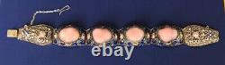 Vintage Chinese Export Sterling Silver Enamel Filigree Rose Quartz Bracelet 7.5