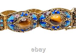 Vintage Chinese Gilt Silver Enamel & Tigers Eye Mesh Filigree Bracelet Nice