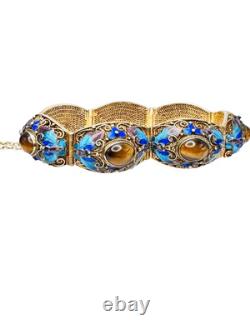 Vintage Chinese Gilt Silver Enamel & Tigers Eye Mesh Filigree Bracelet Nice
