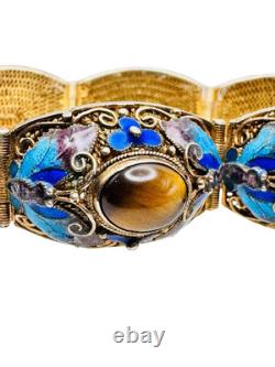 Vintage Chinese Gilt Silver Enamel & Tigers Eye Mesh Filigree Bracelet Nice