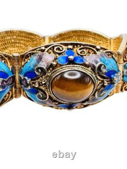 Vintage Chinese Gilt Silver Enamel & Tigers Eye Mesh Filigree Bracelet Nice