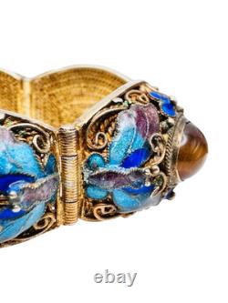 Vintage Chinese Gilt Silver Enamel & Tigers Eye Mesh Filigree Bracelet Nice