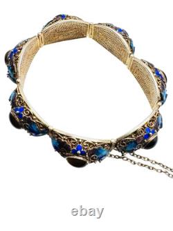 Vintage Chinese Gilt Silver Enamel & Tigers Eye Mesh Filigree Bracelet Nice