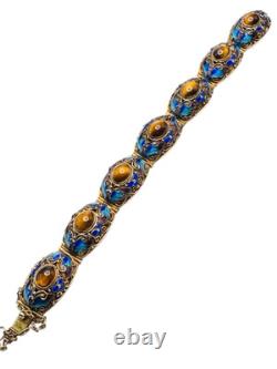 Vintage Chinese Gilt Silver Enamel & Tigers Eye Mesh Filigree Bracelet Nice