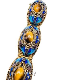 Vintage Chinese Gilt Silver Enamel & Tigers Eye Mesh Filigree Bracelet Nice