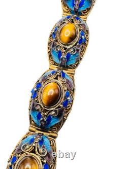 Vintage Chinese Gilt Silver Enamel & Tigers Eye Mesh Filigree Bracelet Nice