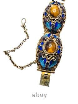 Vintage Chinese Gilt Silver Enamel & Tigers Eye Mesh Filigree Bracelet Nice
