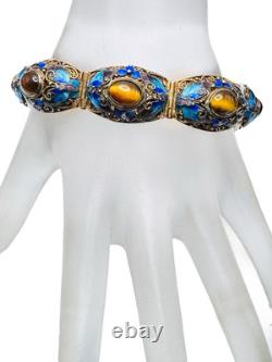 Vintage Chinese Gilt Silver Enamel & Tigers Eye Mesh Filigree Bracelet Nice