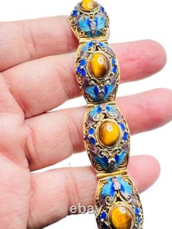 Vintage Chinese Gilt Silver Enamel & Tigers Eye Mesh Filigree Bracelet Nice