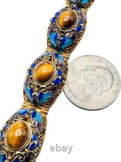 Vintage Chinese Gilt Silver Enamel & Tigers Eye Mesh Filigree Bracelet Nice