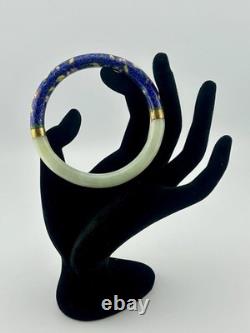 Vintage Chinese Jade & Cloisonné Enamel Bangle Bracelet 8? Blue Floral 1970s