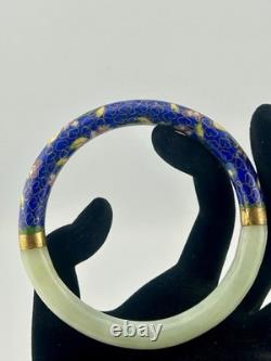 Vintage Chinese Jade & Cloisonné Enamel Bangle Bracelet 8? Blue Floral 1970s