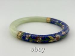 Vintage Chinese Jade & Cloisonné Enamel Bangle Bracelet 8? Blue Floral 1970s