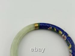 Vintage Chinese Jade & Cloisonné Enamel Bangle Bracelet 8? Blue Floral 1970s