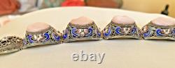 Vintage Chinese Rose Quartz Blue Enamel, Filigree Work Sterling Silver Bracelet