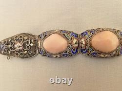 Vintage Chinese Rose Quartz Blue Enamel, Filigree Work Sterling Silver Bracelet