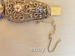 Vintage Chinese Rose Quartz Blue Enamel, Filigree Work Sterling Silver Bracelet
