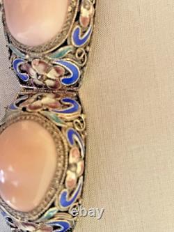Vintage Chinese Rose Quartz Blue Enamel, Filigree Work Sterling Silver Bracelet