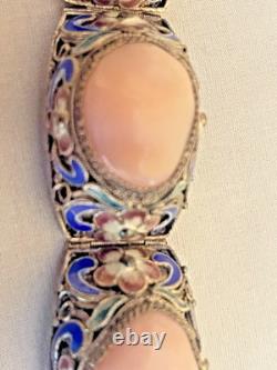 Vintage Chinese Rose Quartz Blue Enamel, Filigree Work Sterling Silver Bracelet